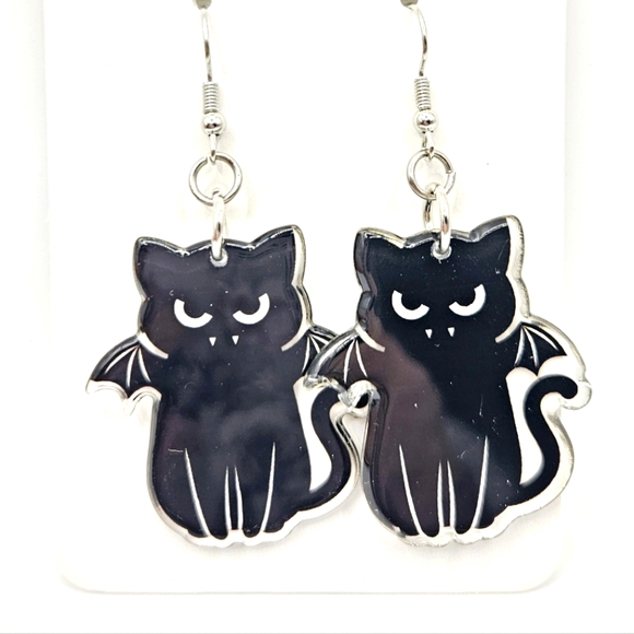 Halloween Bat Wings Vampire Teeth Black Cat Kitty Acrylic Hook Earrings New - Picture 1 of 2
